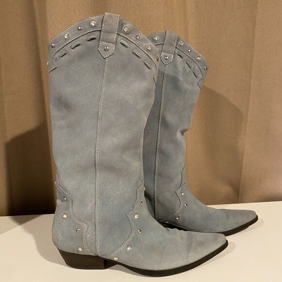 Steve Madden Y2K Light Blue Suede Studded Western Boots - 15" Tall Rodeo Style - Picture 2 of 12